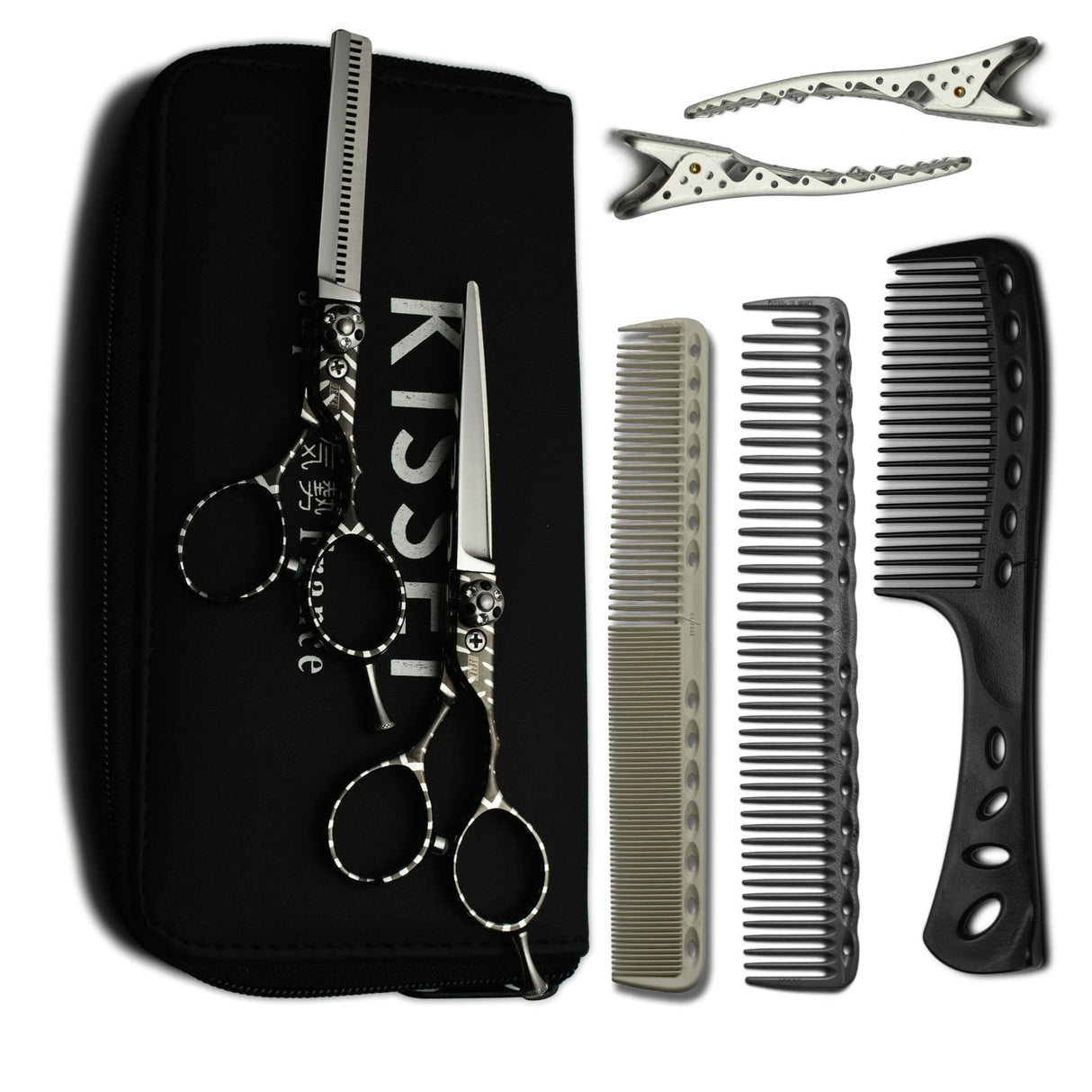 kit de ciseaux kissei air avec 3 peignes yspark et une paire de sépare mèche en argent shark