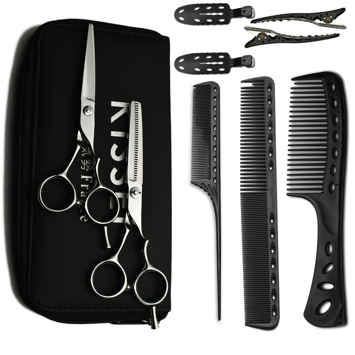 kit de ciseaux kissei pour apprenti composé de 3 peignes yspark et pinces no mark et shark yspark