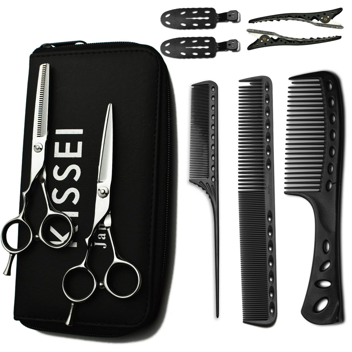 kit de ciseaux gauchers kissei pour apprenti composé de 3 peignes yspark et pinces no mark et shark yspark