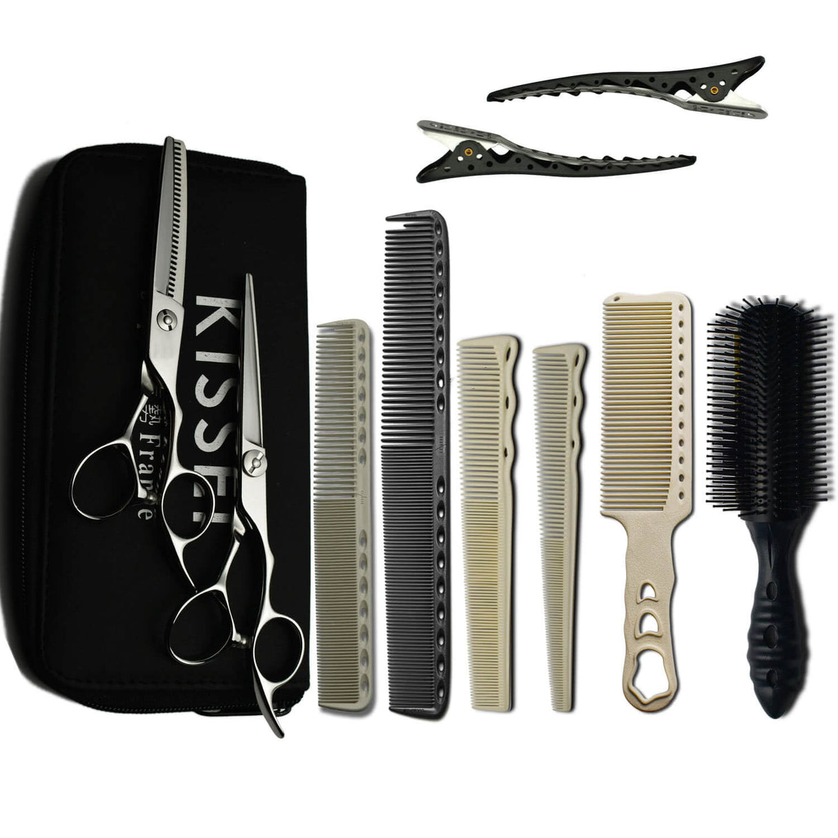 kit de ciseaux kissei pour barber constitué de peignes et de ciseaux de coiffure professionnels