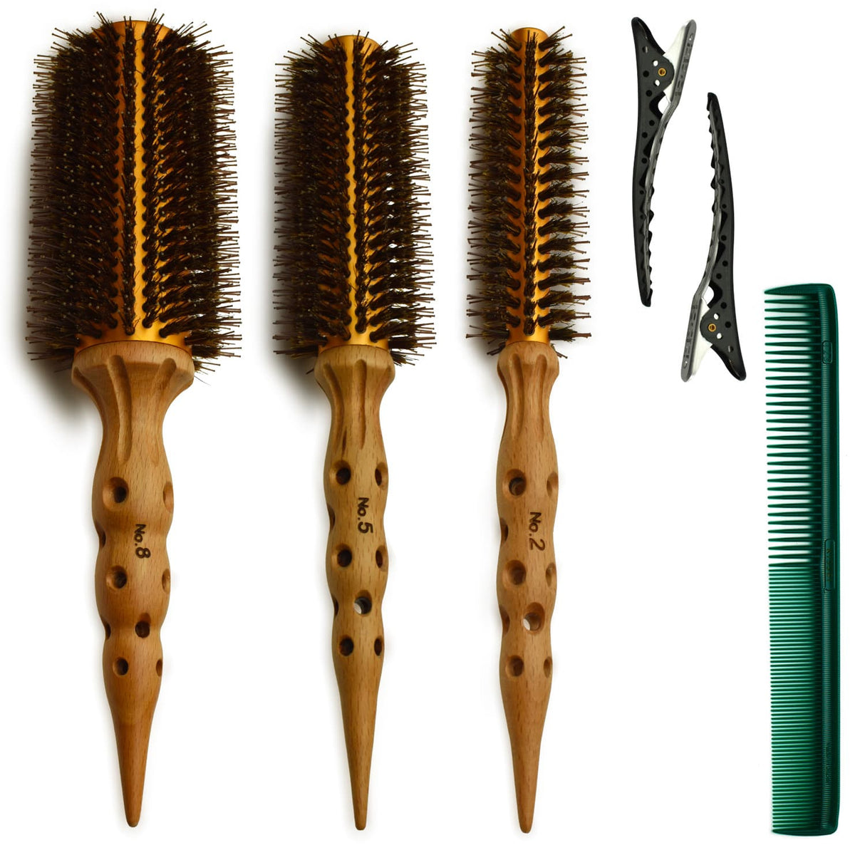 kit brosse pyrus avec différent diamètres avec 2 pinces yspark shark et un peigne de coupe kissei 127 émeraude