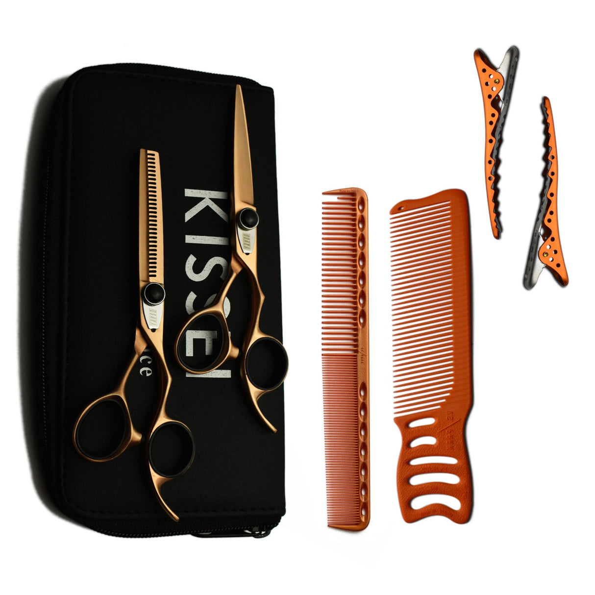 kit de ciseaux kissei en rose gold mat et 2 peignes yspark orange et des sépare mèche yspark shark orange