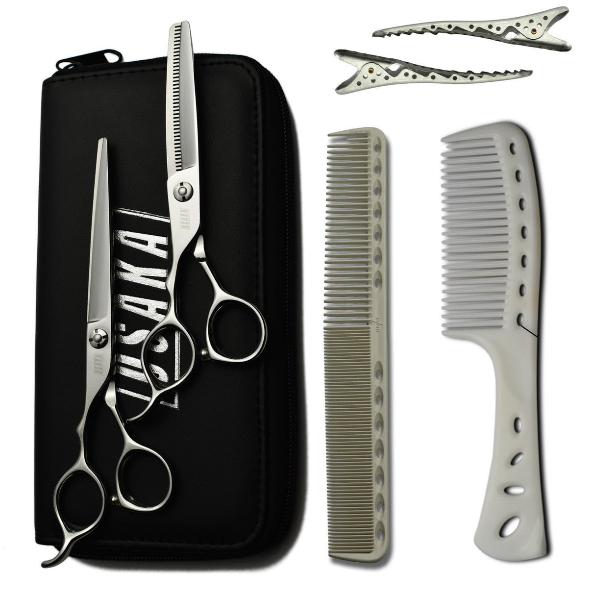 pack de ciseaux gauchers osaka composé des ciseaux OSAKA GXL en version droite et effileurs. Les peignes yspark 339 blancs ainsi que des sépares mèches argentés YSPARK SHARK complètent le pack