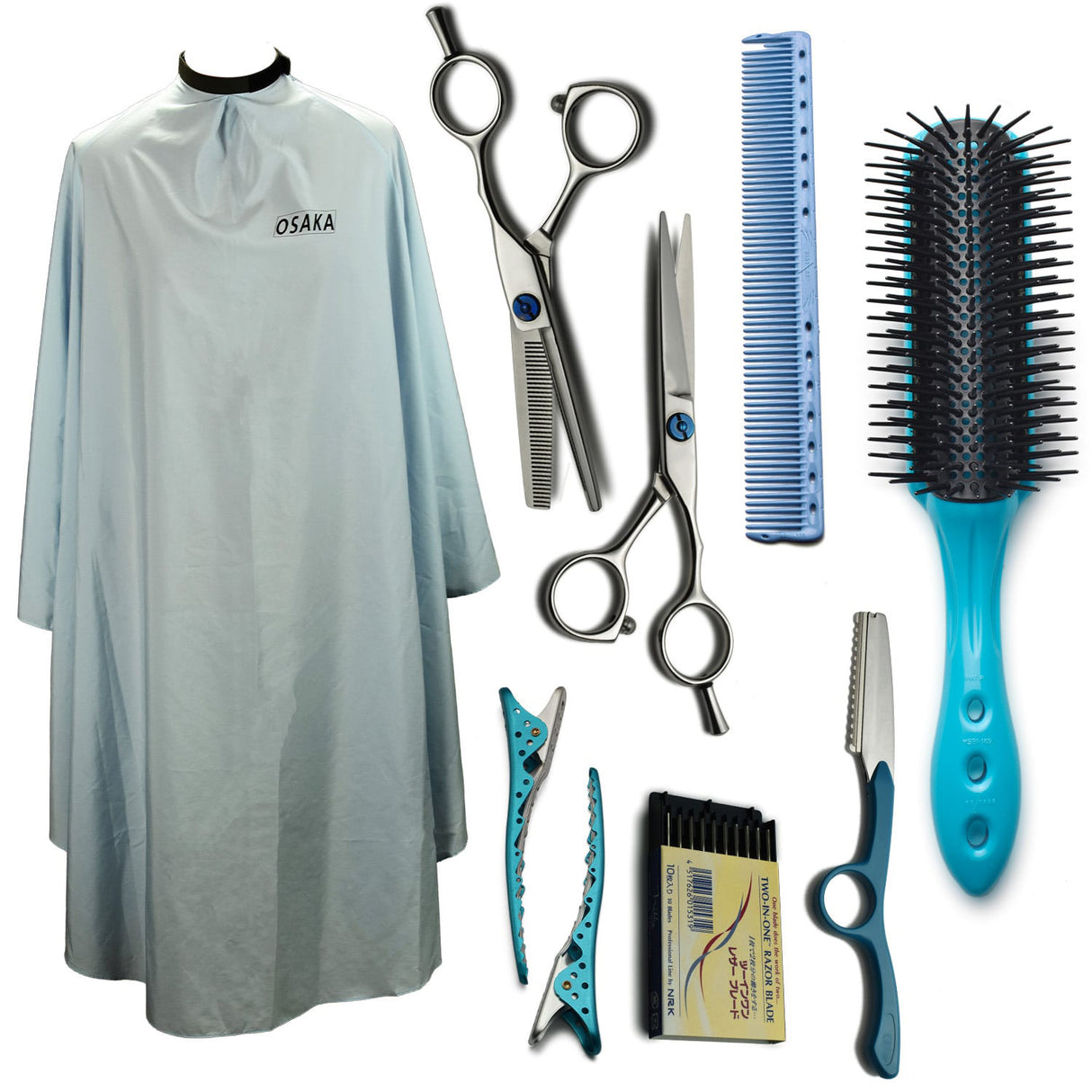 pack full blue osaka avec 2 paires de ciseaux, rasoirs et boites de lame, pince shark bleu, brosse yspark bleu et peignoir osaka eguard bleu, et un peigne de coupe yspark