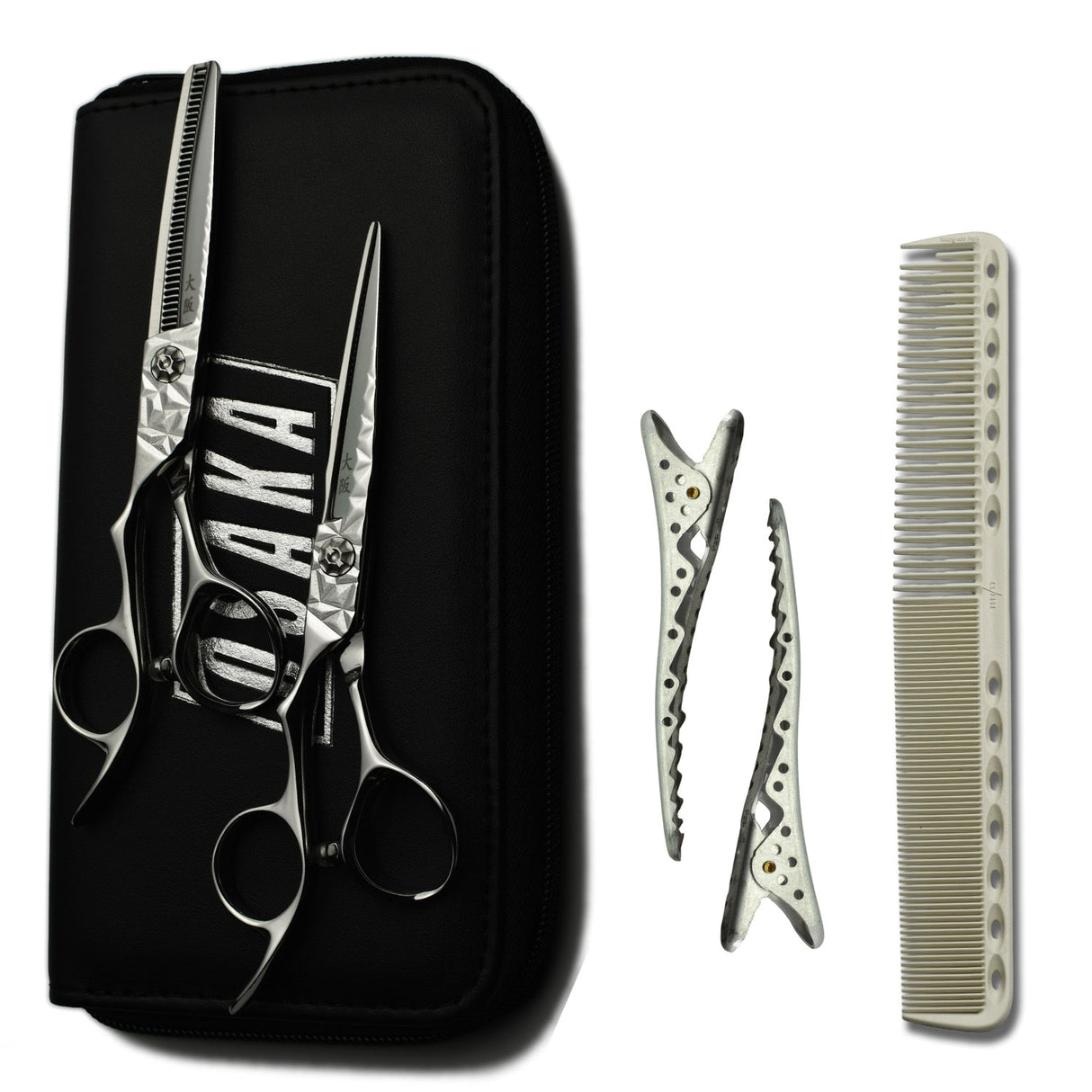 kit de ciseaux osaka gauchers geode, comportant les 2 paires de ciseaux, les pinces sépares mèche yspark shark ainsi que le peigne yspark 339