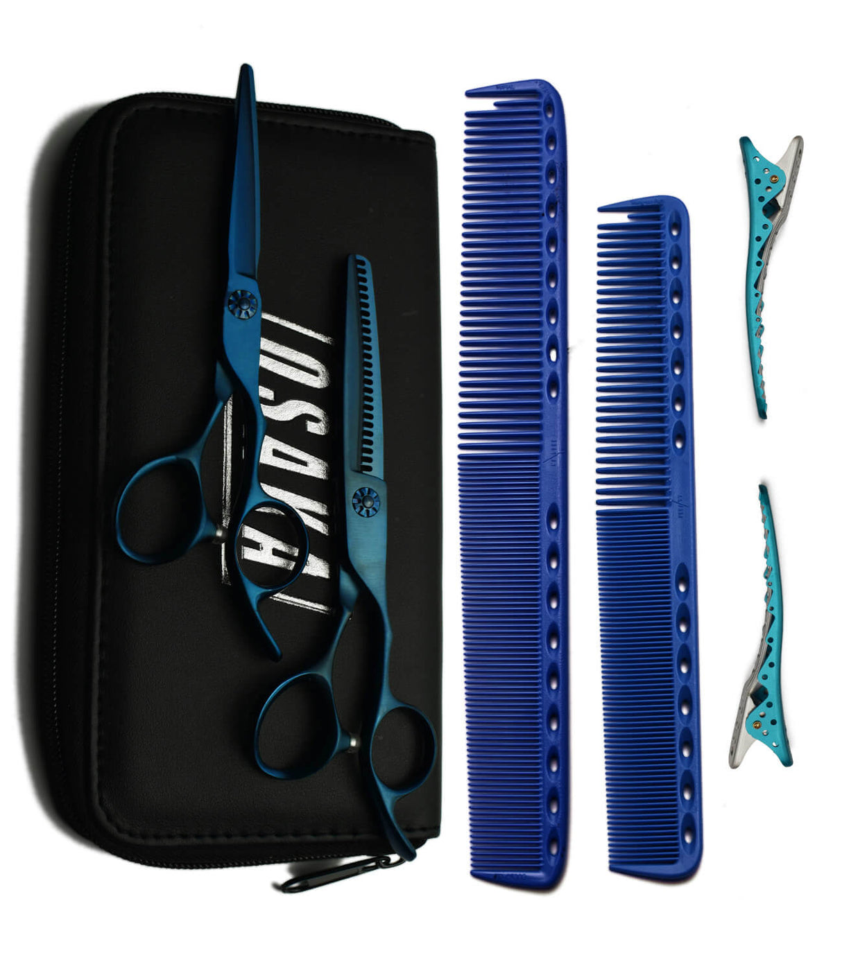 pack de ciseaux osaka composé des ciseaux OSAKA SANAGI en version droite et effileurs. Les peignes yspark 339 et 335 bleus ainsi que des sépares mèches bleus YSPARK SHARK complètent le pack