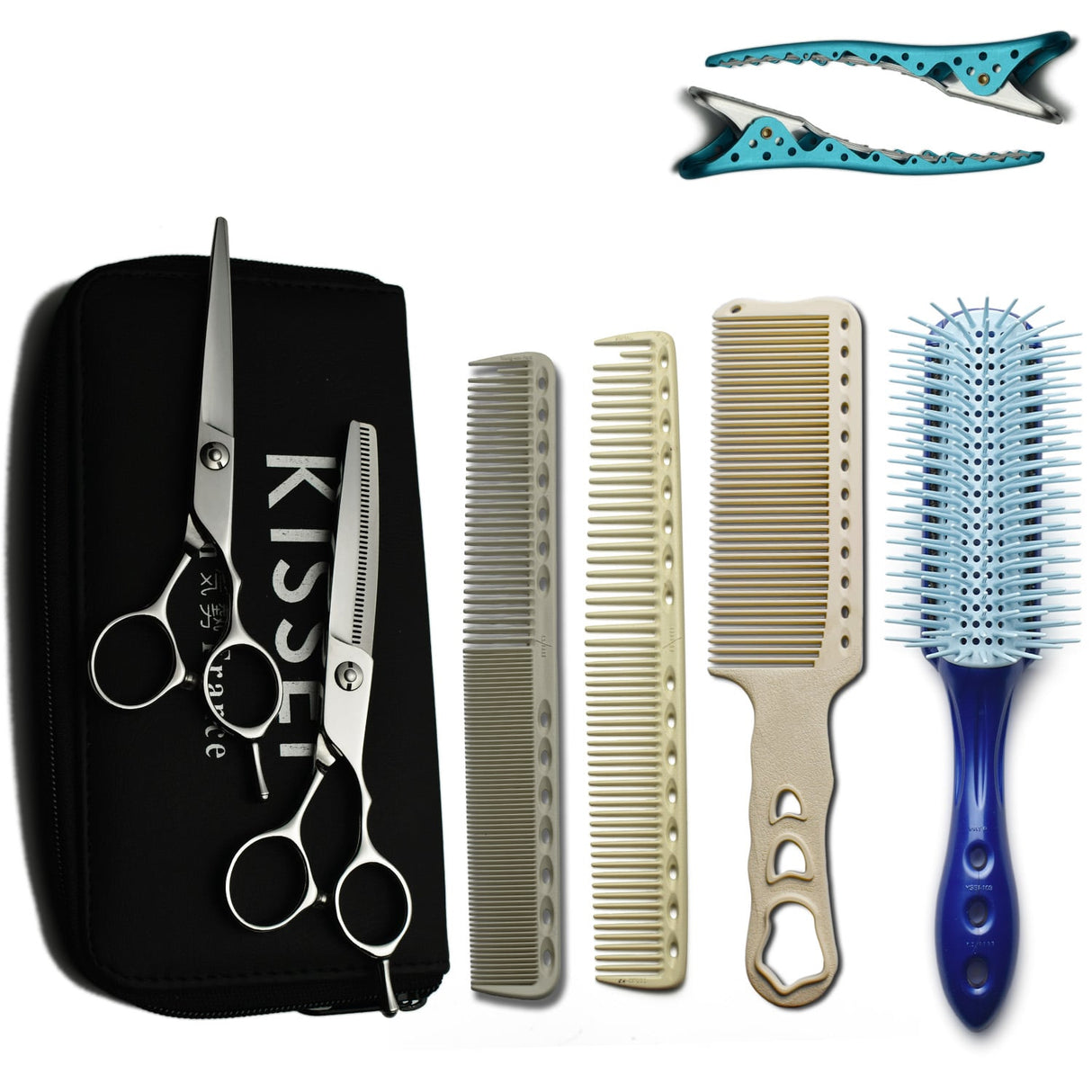 kit de ciseaux kissei complet essential yspark et kissei avec 3 peignes, 1 brosse t09 et sépare mèche bleu shark