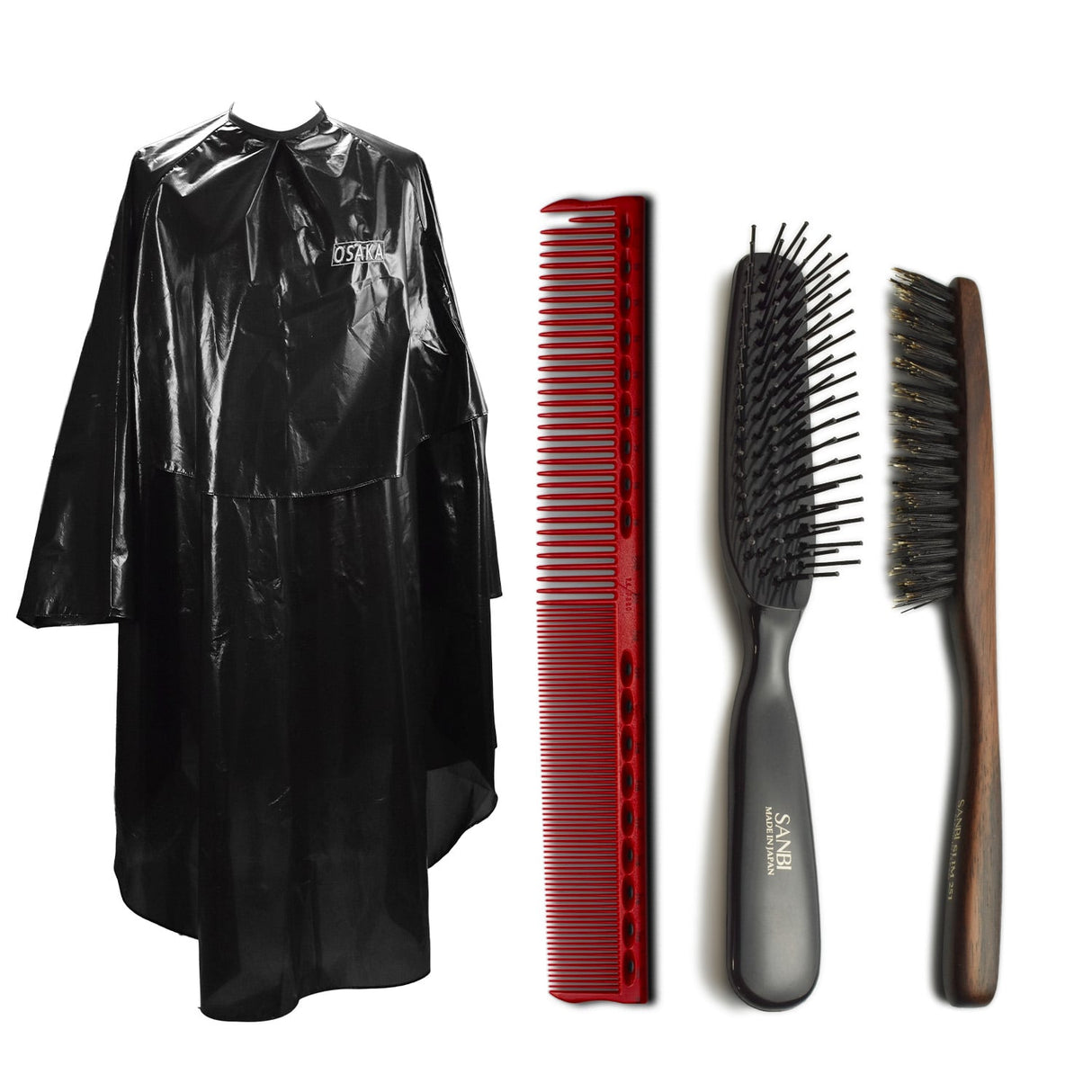kit de soin capillaire avec peignoirs netindress osaka, peigne yspark g45 rouge, brosse N604 et brosse à crêper