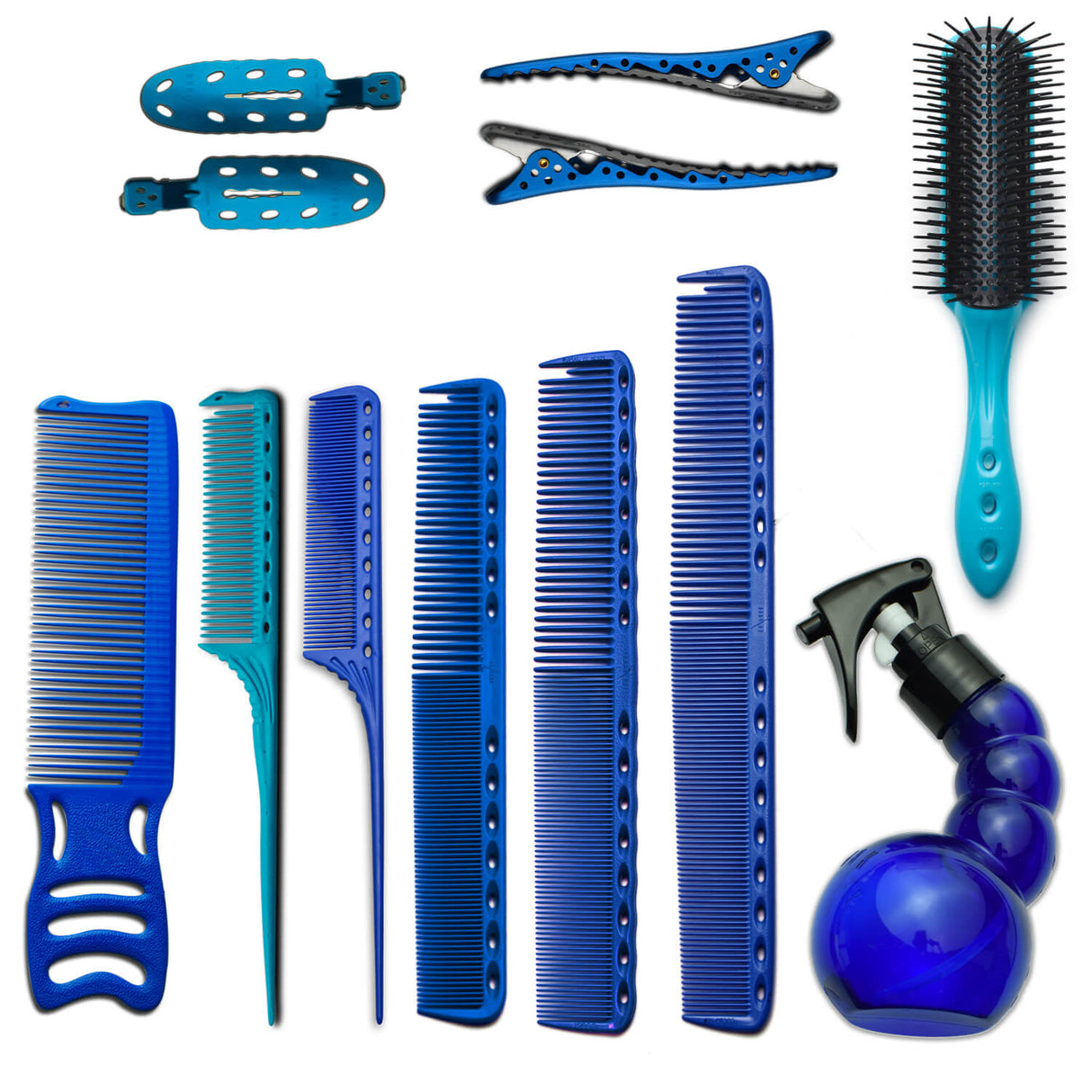 pack de peignes yspark en bleu avec vaporisateur spray mini yspark et une paire de sépare mèche également en bleu