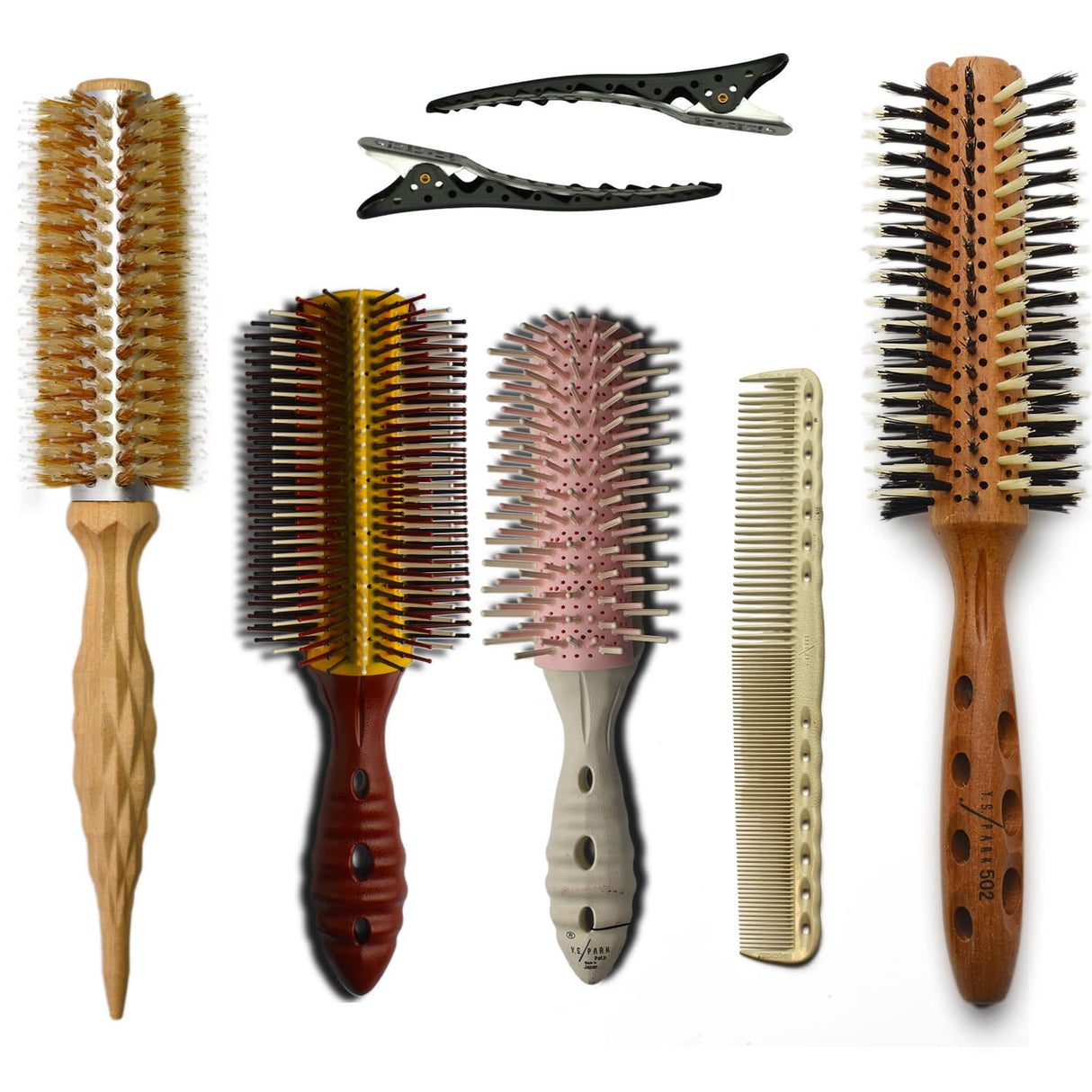 kit de brushing yspark comprenant 4 brosses yspark dont 2 rondes et une paire de pinces yspark shark ainsi q'un peigne ys334