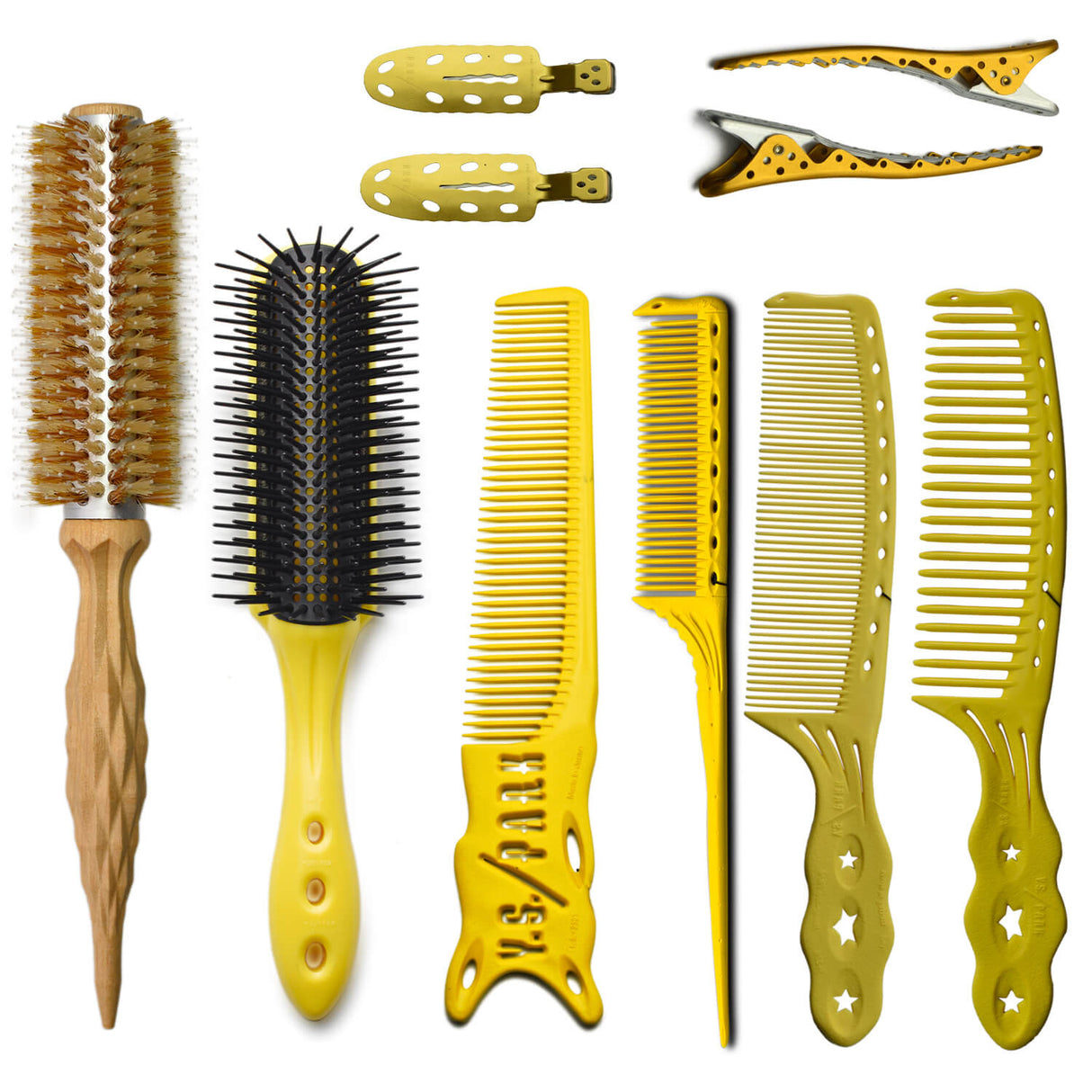 pack de peignes yspark en jaune avec une brosse ronde osaka kara poils sanglier jaune ainsi qu'une paire de sépare mèche yspark jaune