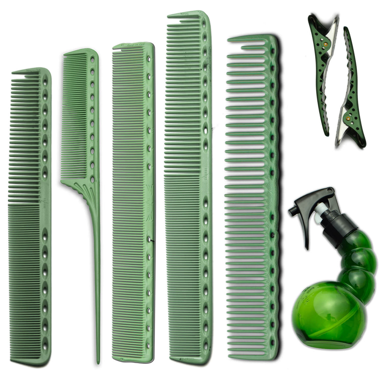 pack de peignes yspark en vert menthe avec vaporisateur spray mini yspark et une paire de sépare mèche également en vert