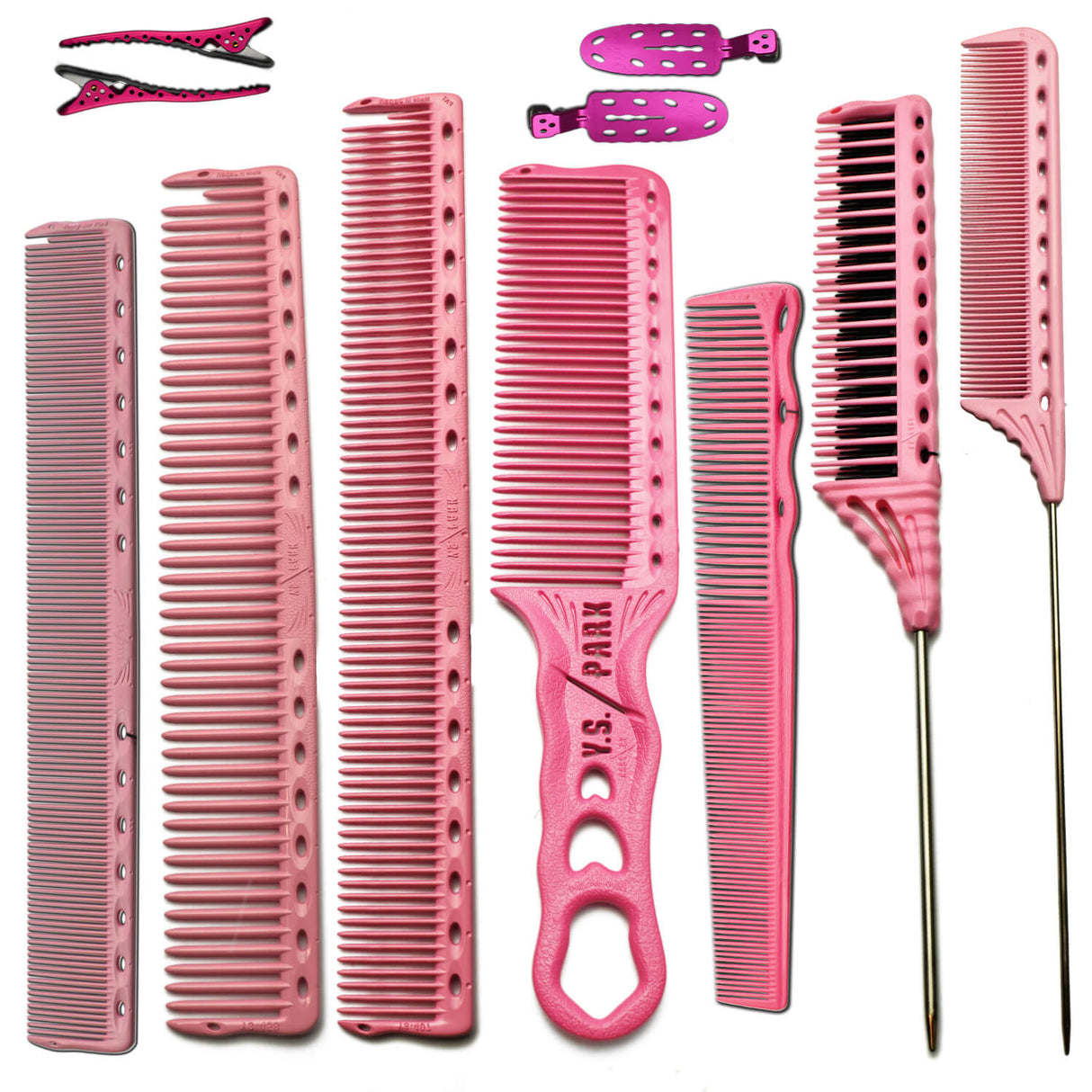 pack de peignes yspark en rose avec vaporisateur spray mini yspark et une paire de sépare mèche également en rose