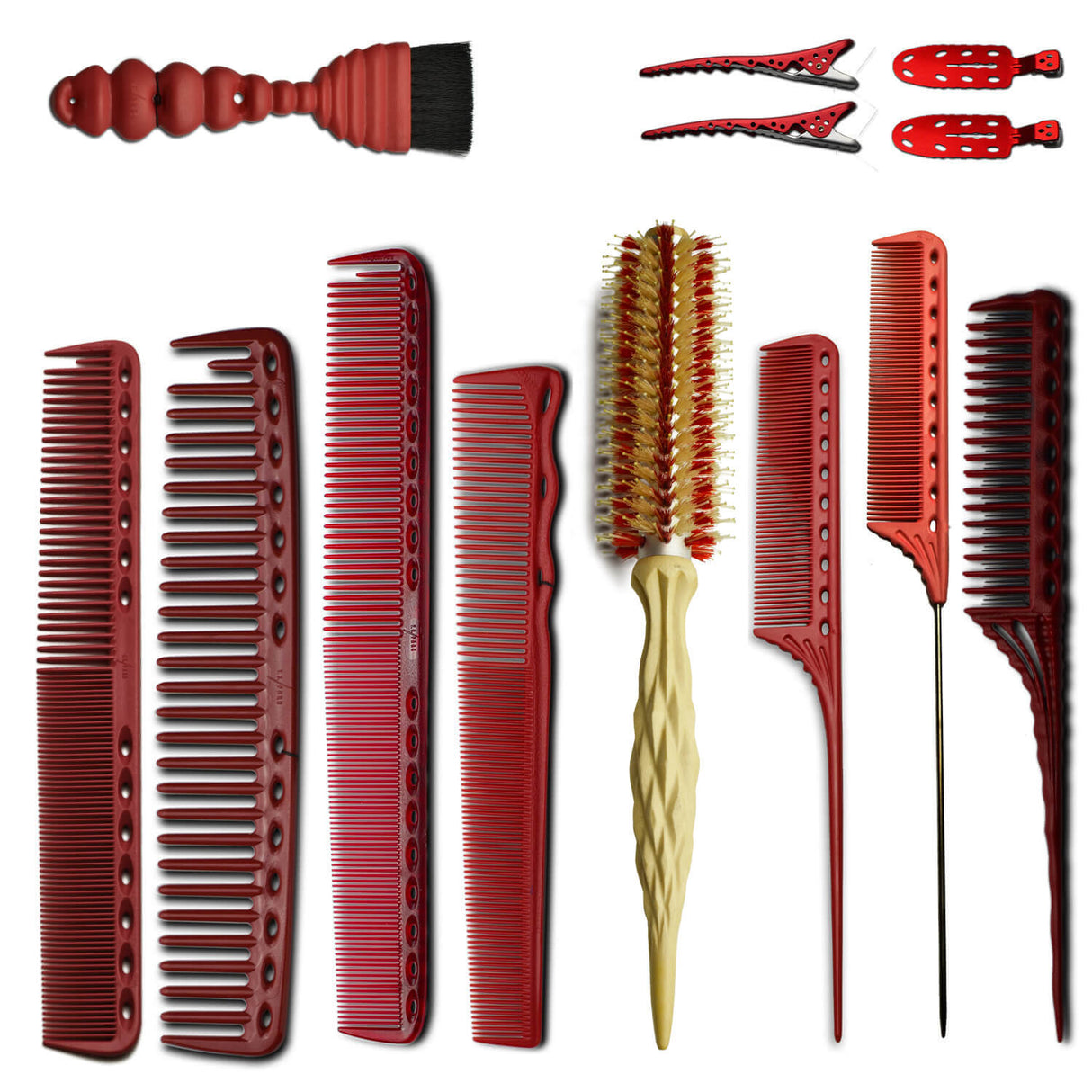 pack de peignes yspark en rouge avec une brosse ronde osaka kara poils sanglier rouge ainsi qu'une paire de sépare mèche yspark rouge et un pinceau applicateur yspark rouge