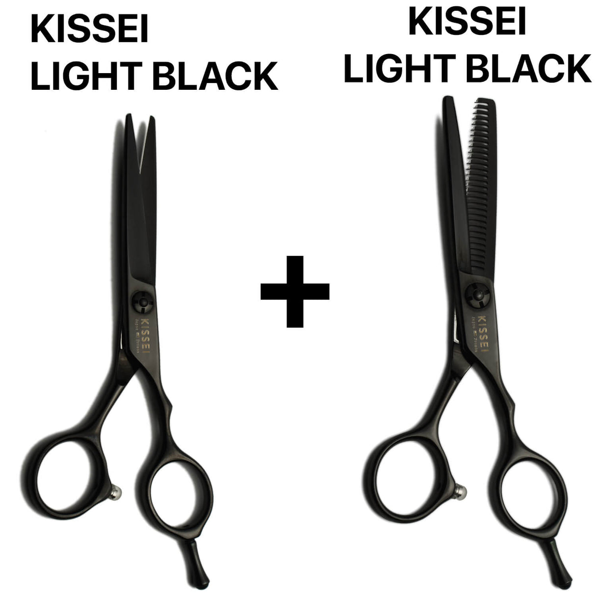 Ensemble de ciseaux de coiffure japonais noirs Kissei Light Black comprenant une paire droite de coupe et une paire de ciseaux sculpteurs professionnels, pour un travail complet de la matière et de la texture.