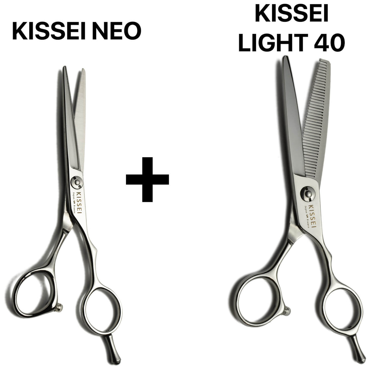 Pack de ciseaux Kissei Neo japonais réunissant une paire de coupe classique et des ciseaux sculpteurs texturisants KISSEI Light 40, conçus pour les coiffeurs recherchant équilibre, légèreté et tranchant durable.
