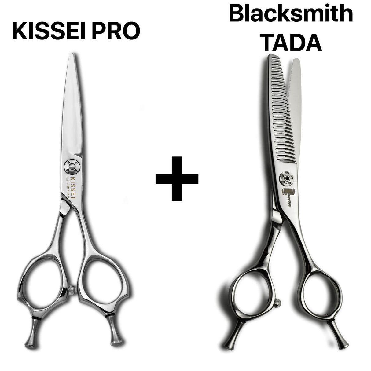 Pack de ciseaux Kissei Pro japonais réunissant une paire de coupe classique et des ciseaux sculpteurs texturisants Blacksmith Tada , conçus pour les coiffeurs recherchant équilibre, légèreté et tranchant durable.
