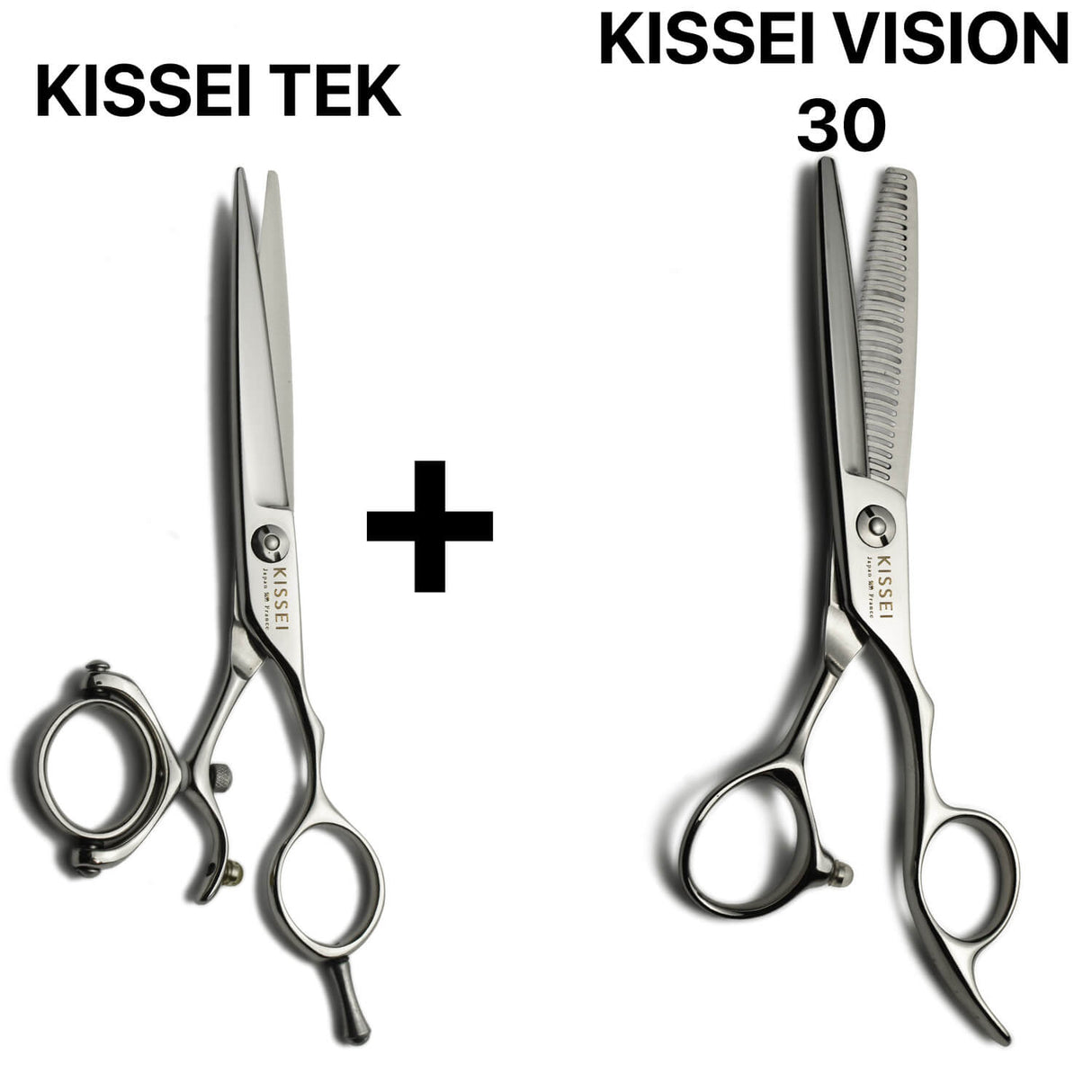 Set professionnel de ciseaux japonais Kissei Tek, alliant lame droite haute précision et sculpteurs ergonomiques KISSEI Vision 30 pour une texturisation douce et sans accroc.