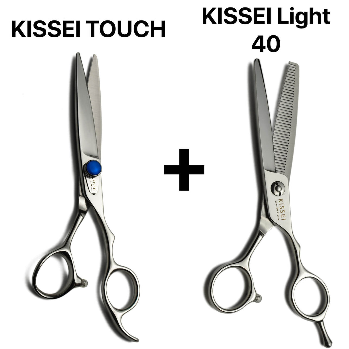Kit complet de ciseaux de coiffure japonais Kissei Touch, composé d’un modèle de coupe et d’une paire d’effileurs professionnels Kissei Light 40— un indispensable pour les coupes techniques et créatives.