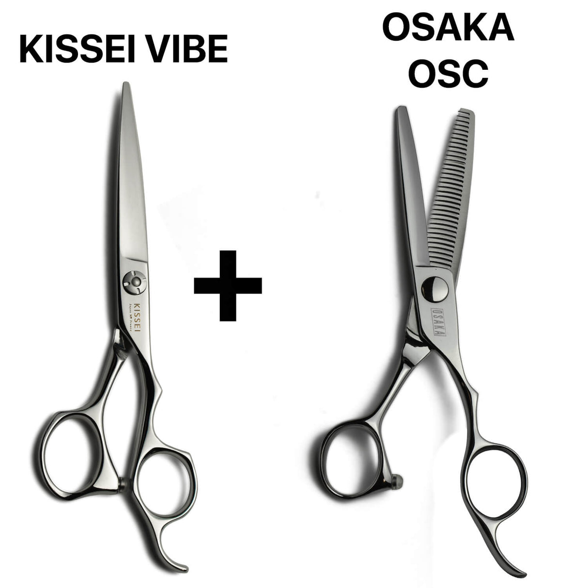 Set professionnel de ciseaux japonais Kissei Vibe, alliant lame droite haute précision et sculpteurs ergonomiques OSAKA OSC pour une texturisation douce et sans accroc.