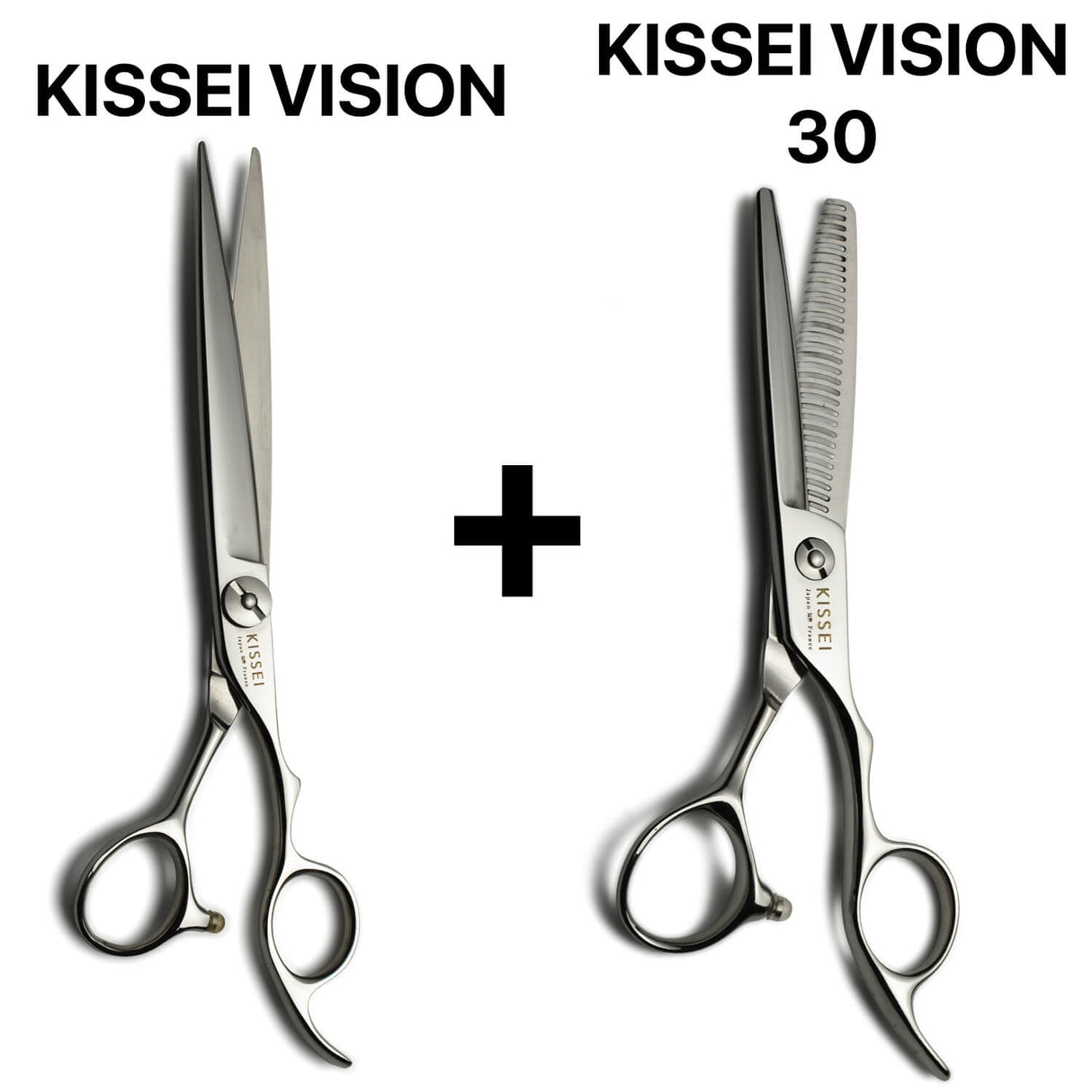 Ensemble de ciseaux de coiffure japonais Kissei Vision et Vision 30 alliant coupe de précision et effilage ergonomique.