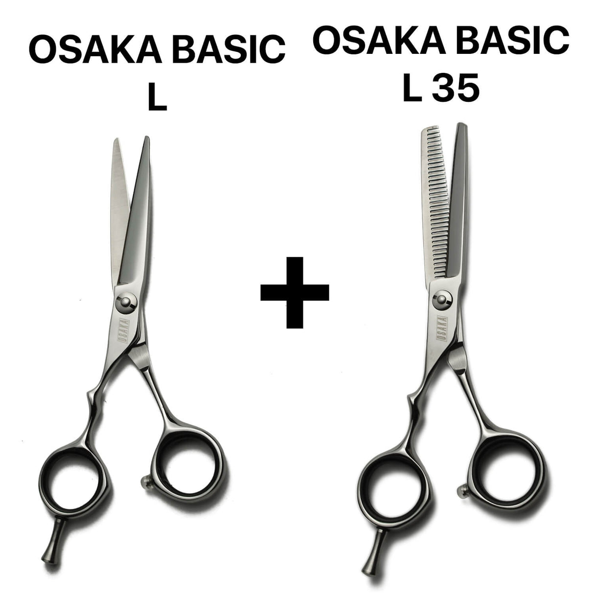 Pack double lame : ciseaux gauchers de coupe et effileurs OSAKA Basic, conçus pour les coiffeurs recherchant fluidité et confort.