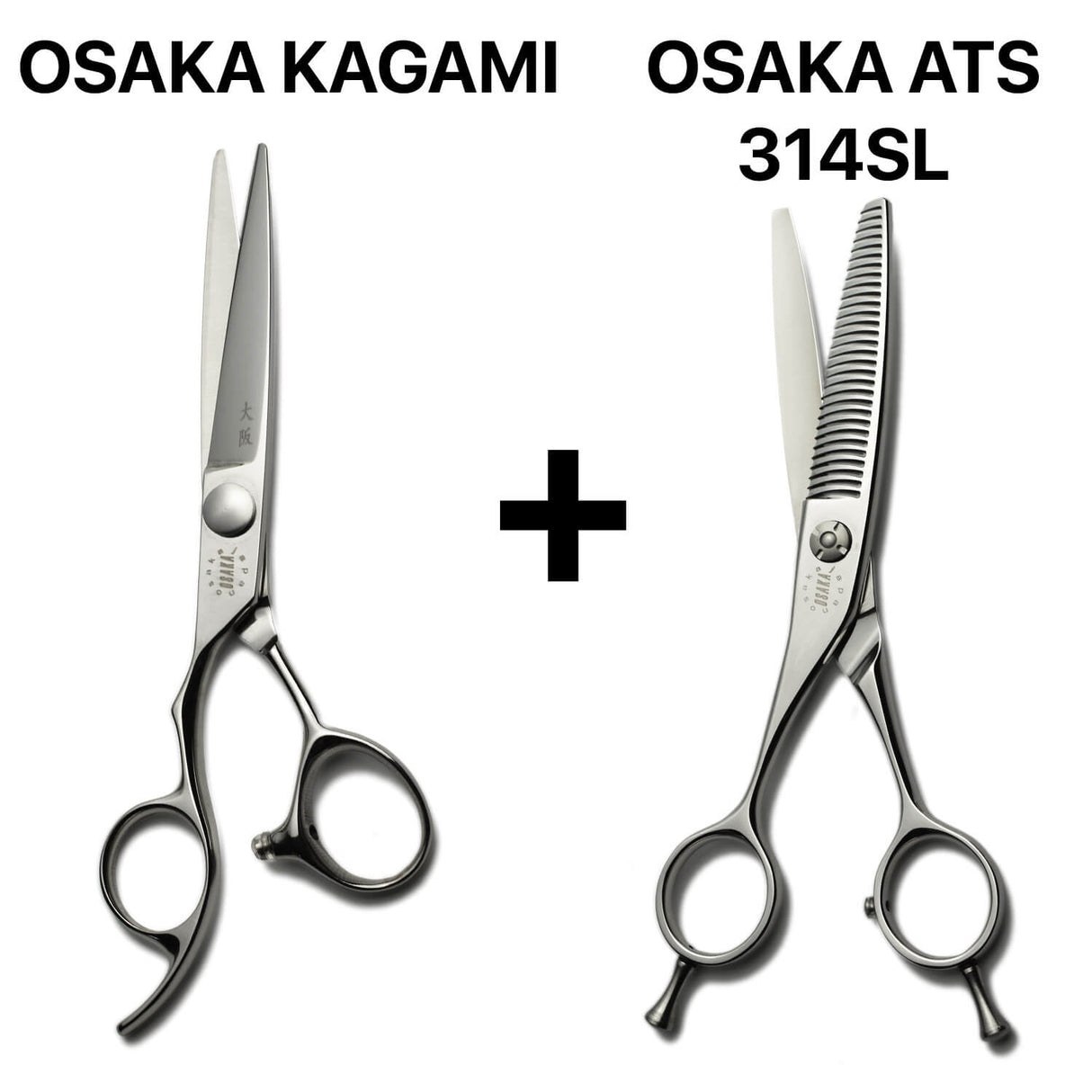 Ensemble professionnel ciseaux OSAKA Kagami gauchers + sculpteurs gauchers OSAKA ATS 314SL, idéal pour les dégradés et la texturisation naturelle.