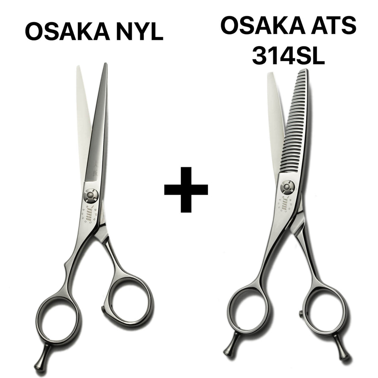 Duo de ciseaux japonais gauchers Kissei OSAKA NYL : un modèle droit de coupe et des ciseaux sculpteurs gauchers professionnels OSAKA ATS 314SL pour un travail complet.