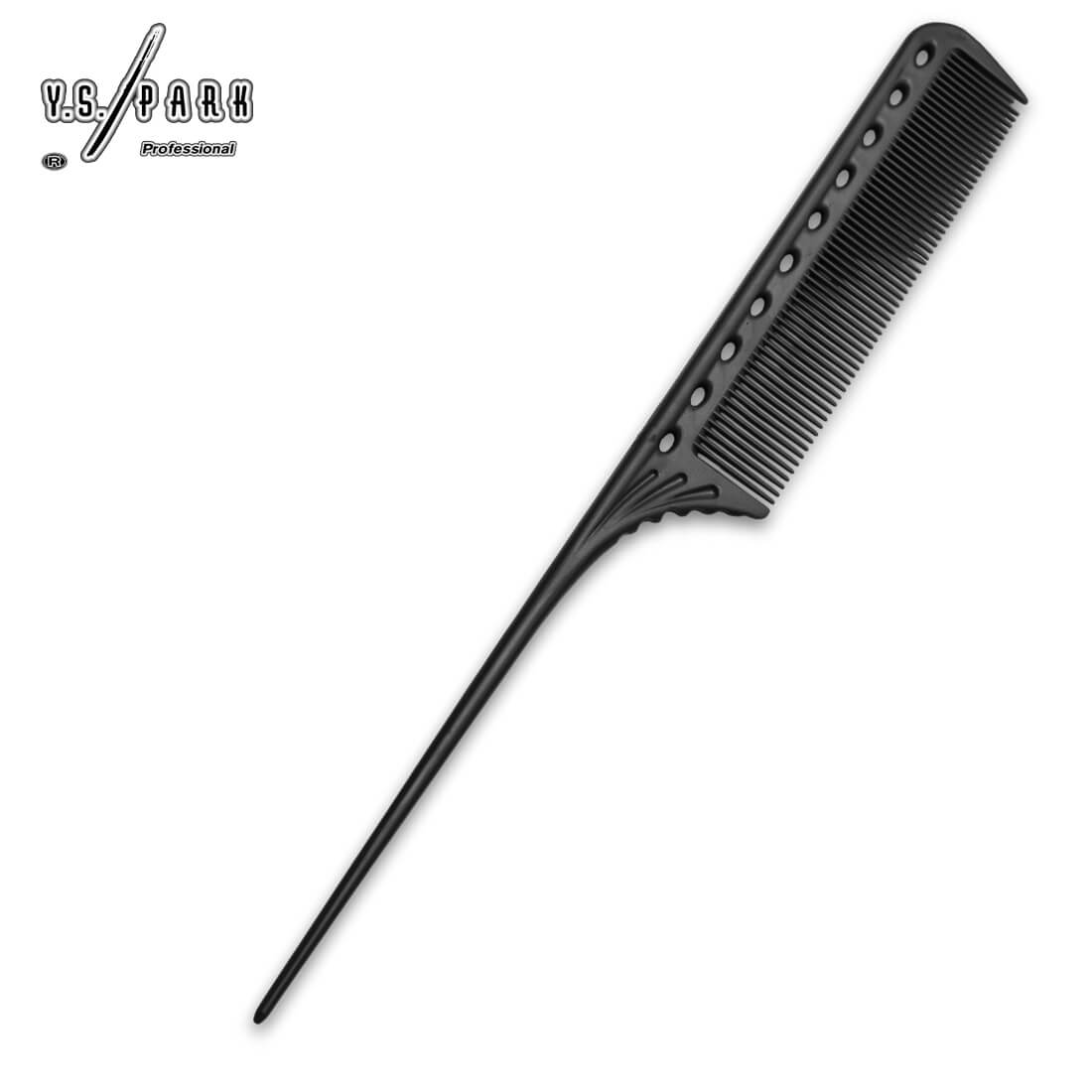 Peigne Y.S.PARK YS-101 carbone – tail comb 216 mm, dents à espacement progressif pour une tension uniforme, plastique Ultem résistant à la chaleur, première dent raccourcie pour séparer facilement