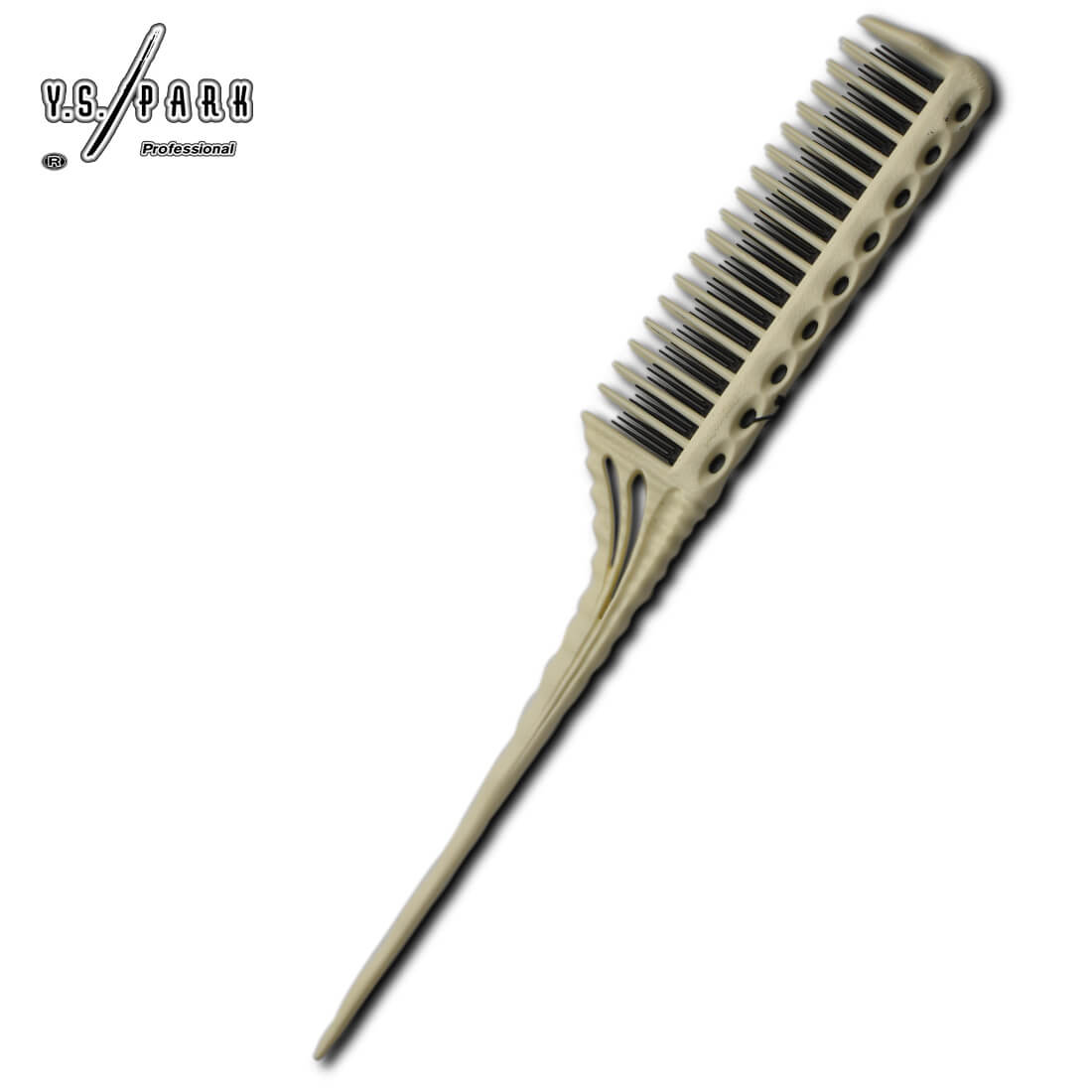 Peigne Y.S. PARK YS-150 blanc – triple rangée de dents avec fibres carbone anti-statique, pointe fine pour balayage et crêpage, manche ergonomique antidérapant.