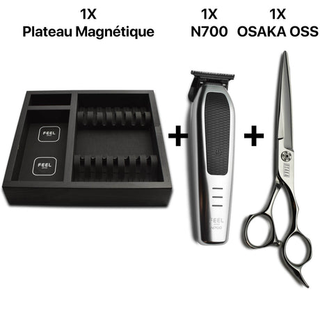 Plateau magnétique noir avec duo de tondeuse feel japan et des ciseaux osaka oss avec lames larges