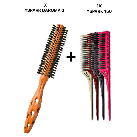 brosse ronde yspark daruma en 100% poil de sanglier associé avec des peignes à crêper yspark 150