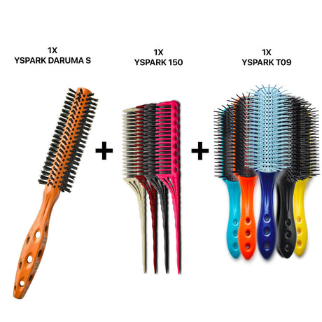 brosse ronde yspark daruma en 100% poil de sanglier associé avec des peignes à crêper yspark 150 et des brosses plates yspark t09