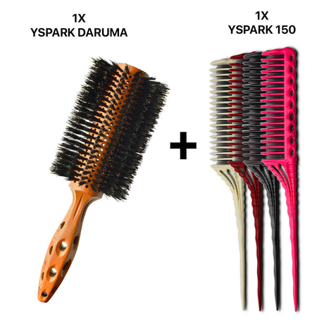 brosse ronde yspark daruma en 100% poil de sanglier associé avec des peignes à crêper yspark 150