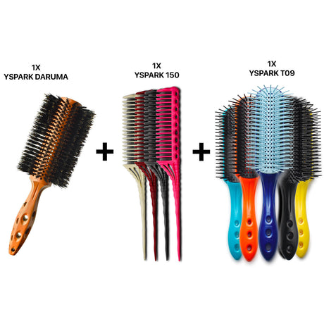 brosse ronde yspark daruma en 100% poil de sanglier associé avec des peignes à crêper yspark 150 et des brosses plates yspark t09