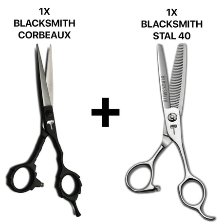 ciseaux de coiffure professionnels blacksmith corbeaux associés avec des ciseaux sculpteurs texturisants blacksmith stal 40 dents 