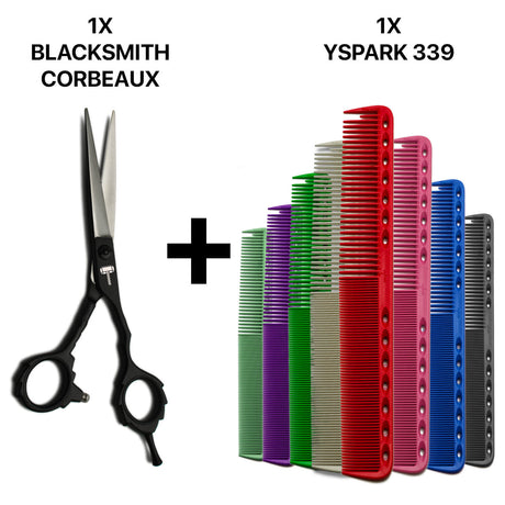 ciseaux de coiffure professionnels blacksmith corbeaux associés avec des peignes yspark de coupe 339