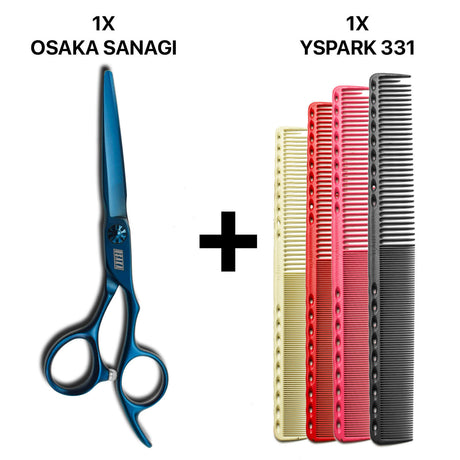 ciseaux osaka bleu sanagi  avec des peignes de coupe yspark 331