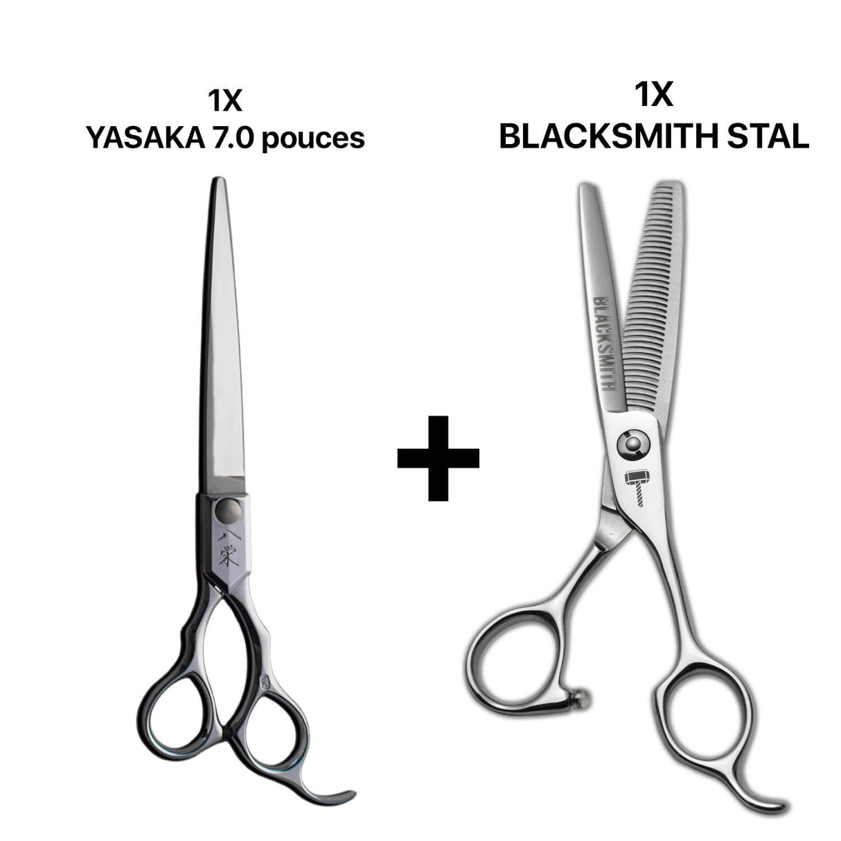 ciseaux de coiffure japonais barber yasaka 7,0 pouces associé avec une paire de ciseaux sculpteurs texturants blacksmith stal 40