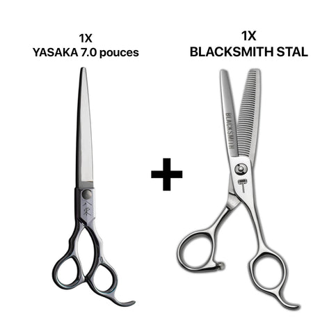 ciseaux de coiffure japonais barber yasaka 7,0 pouces associé avec une paire de ciseaux sculpteurs texturants blacksmith stal 40