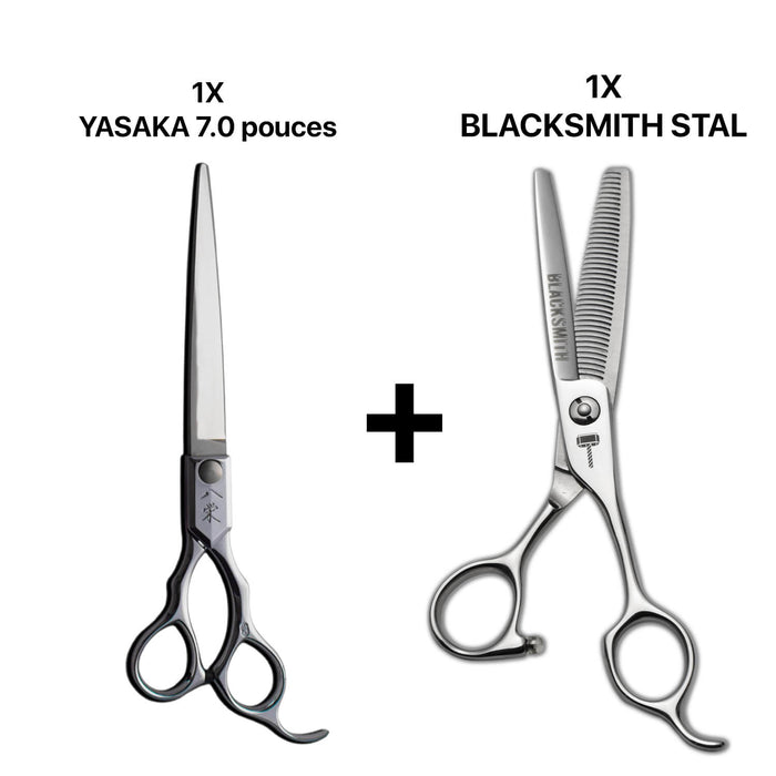 ciseaux de coiffure japonais barber yasaka 7,0 pouces associé avec une paire de ciseaux sculpteurs texturants blacksmith stal 40
