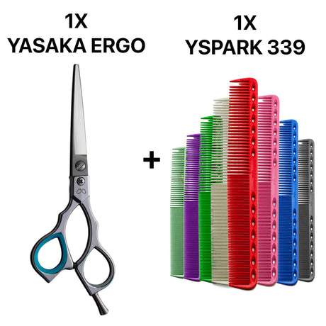 ciseaux de coiffure professionnel japonais yasaka à manche décalés avec un peigne de coupe yspark 339 