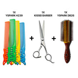 peigne yspark barber H239 associé avec une paire de ciseaux de coiffure KISSEI BARBER et une brosse plate yspark db26