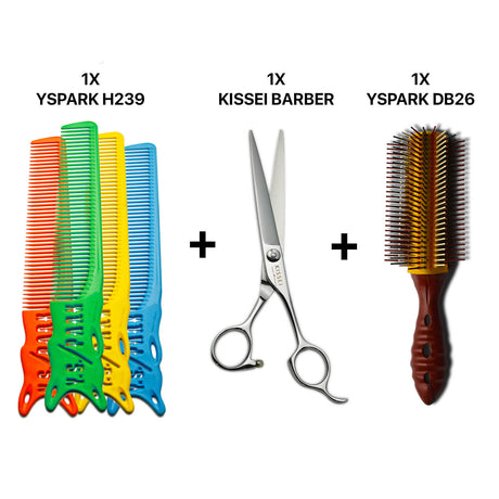 peigne yspark barber H239 associé avec une paire de ciseaux de coiffure KISSEI BARBER et une brosse plate yspark db26