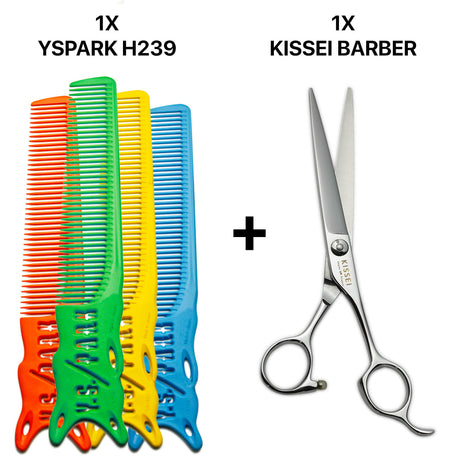 peigne yspark barber H239 associé avec une paire de ciseaux de coiffure KISSEI BARBER