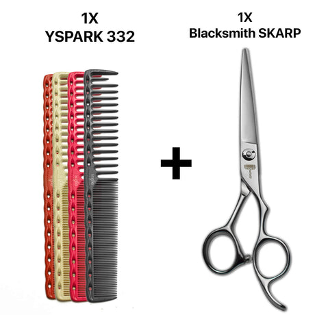 peignes de coupe yspark 332 rose, rouge, noir et blanc associé avec les ciseaux blacksmith Skarp 