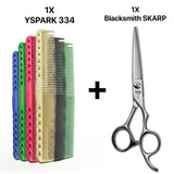 peignes de coupe yspark 334 en blanc, rose, rouge, vert, menthe et bleu, associé avec les ciseaux de coiffure japonais blacksmith skarp