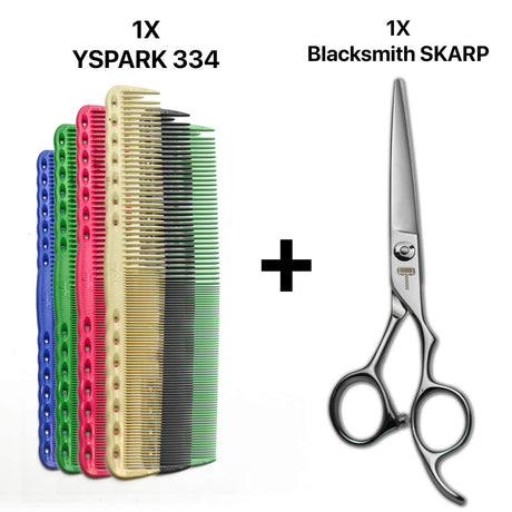 peignes de coupe yspark 334 en blanc, rose, rouge, vert, menthe et bleu, associé avec les ciseaux de coiffure japonais blacksmith skarp