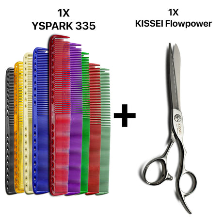 peignes de coupe long yspark 335 associé avec les ciseaux de coiffure kissei flowpower