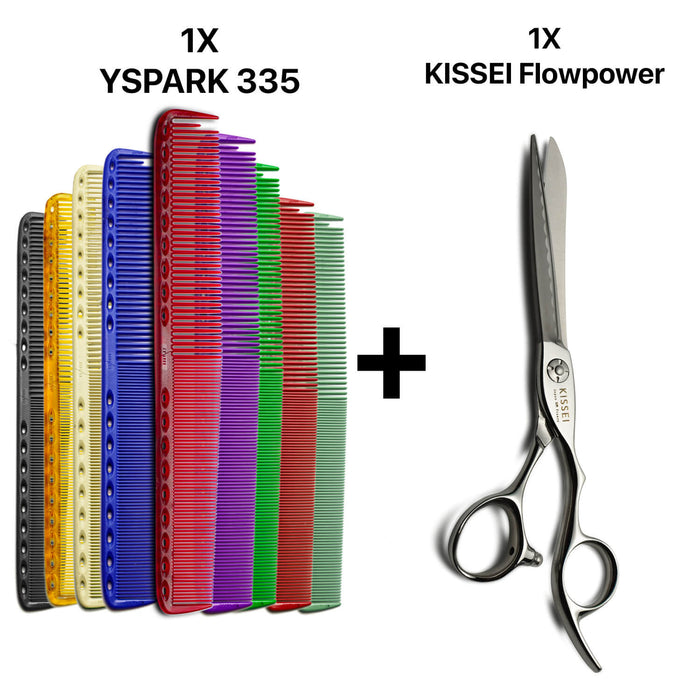 peignes de coupe long yspark 335 associé avec les ciseaux de coiffure kissei flowpower